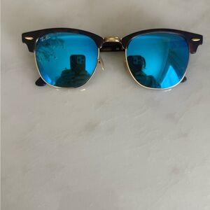 Ray-Ban Black and Gold Sunglasses with Blue Lenses
